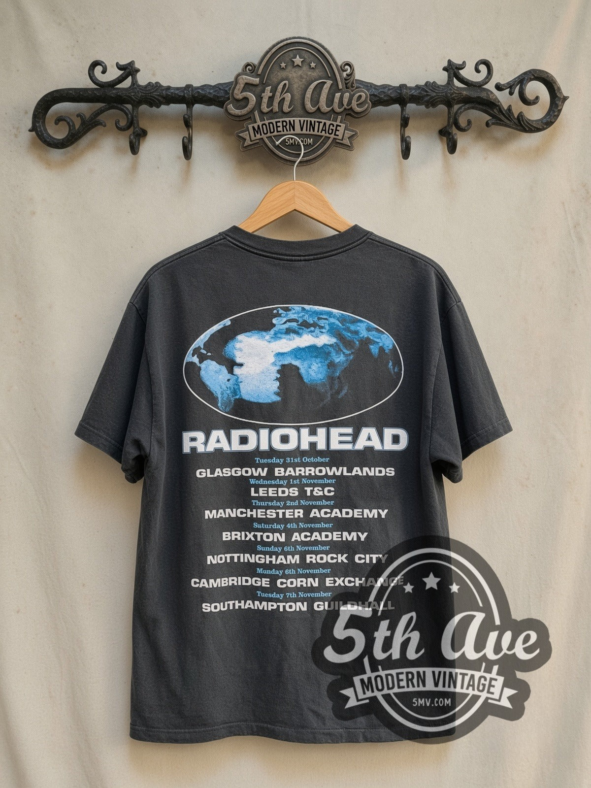 Radiohead The Bends Mannequin Head Globes UK Tour vintage band t-shirt in black, back view on a display rack