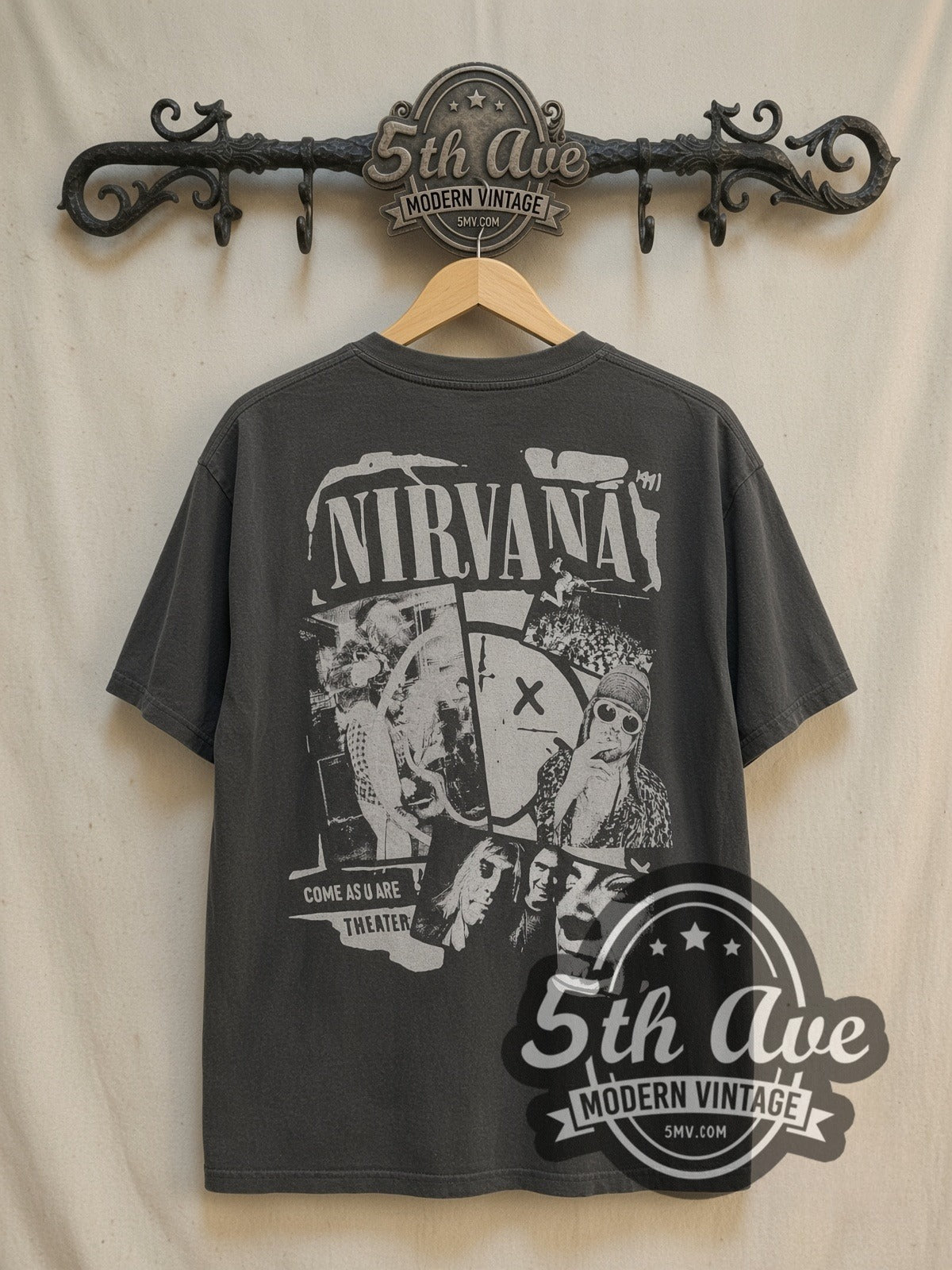 Nirvana Nevermind Four-Panel Kurt Leopard Grid vintage band t-shirt, back view on the 5MV rack