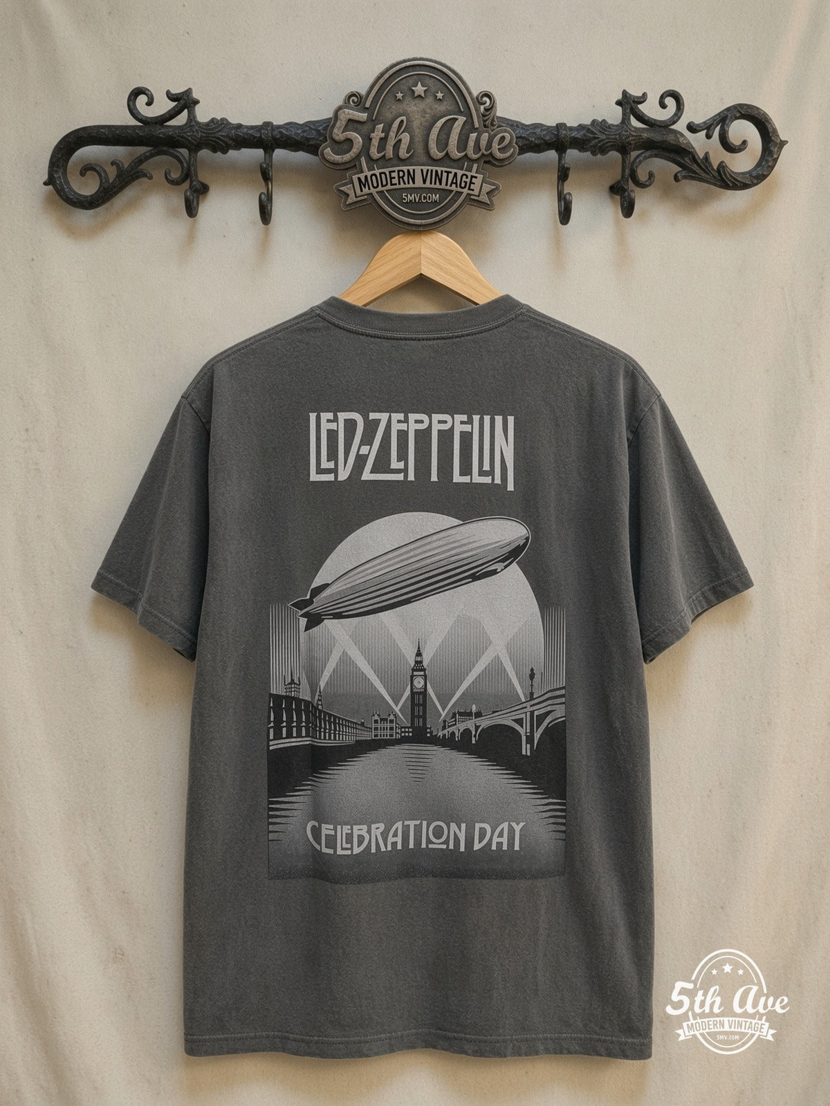 Led Zeppelin – Celebration Day – Vintage Band T-Shirt — back on locked cream ornate 5th Ave rack