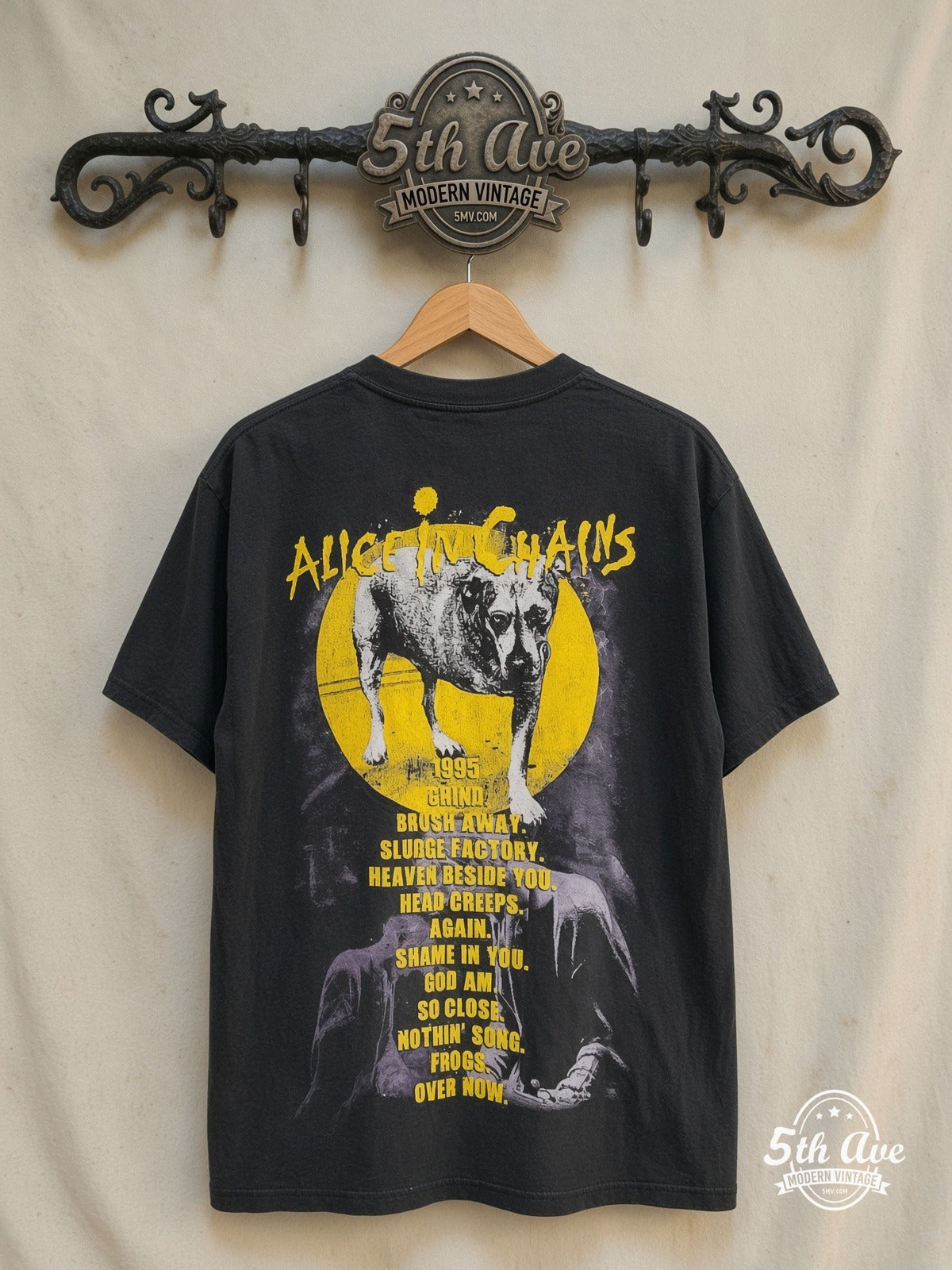 Alice in Chains – Grind / Sunshine the Three-Legged Dog – Vintage Band T-Shirt — back on locked cream ornate 5th Ave rack