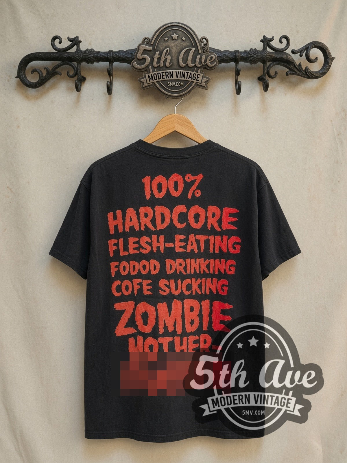 Rob Zombie 100% Hardcore Zombie all-over-print vintage band t-shirt in black, back view on the 5MV rack