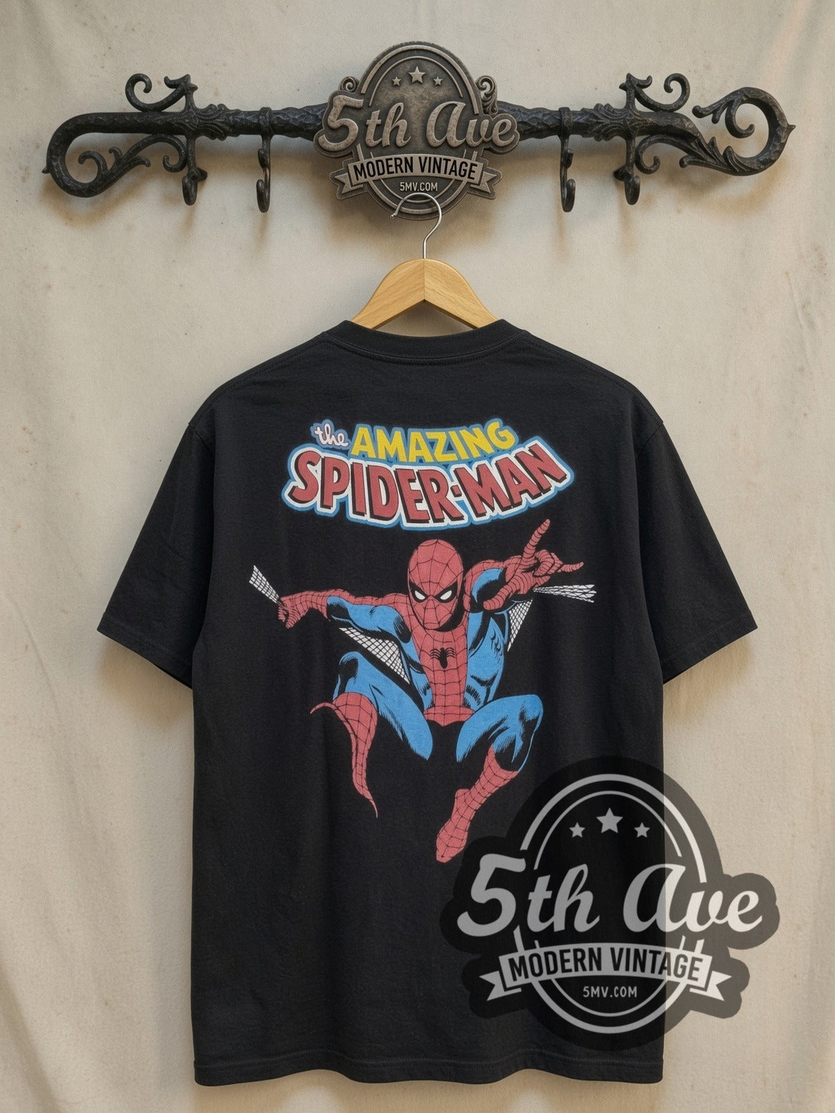 Spider-Man vintage comic tee, back view on a display rack