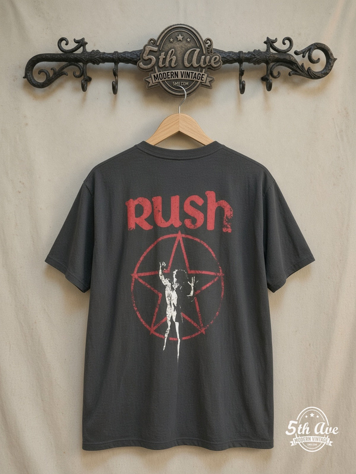 RUSH 100% Cotton New Vintage Band T-Shirt – Vintage Band T-Shirt — back on locked cream ornate 5th Ave rack