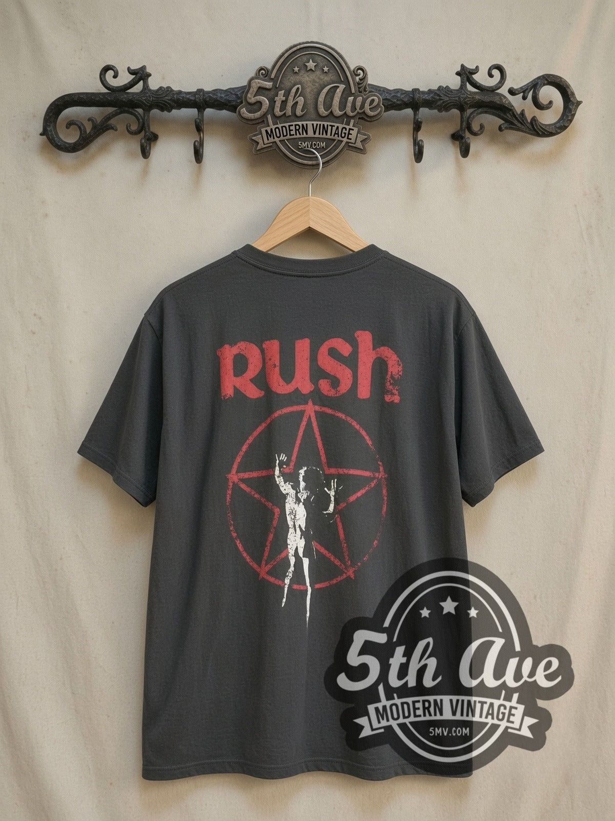 Rush Starman Logo vintage band t-shirt, back view on a display rack