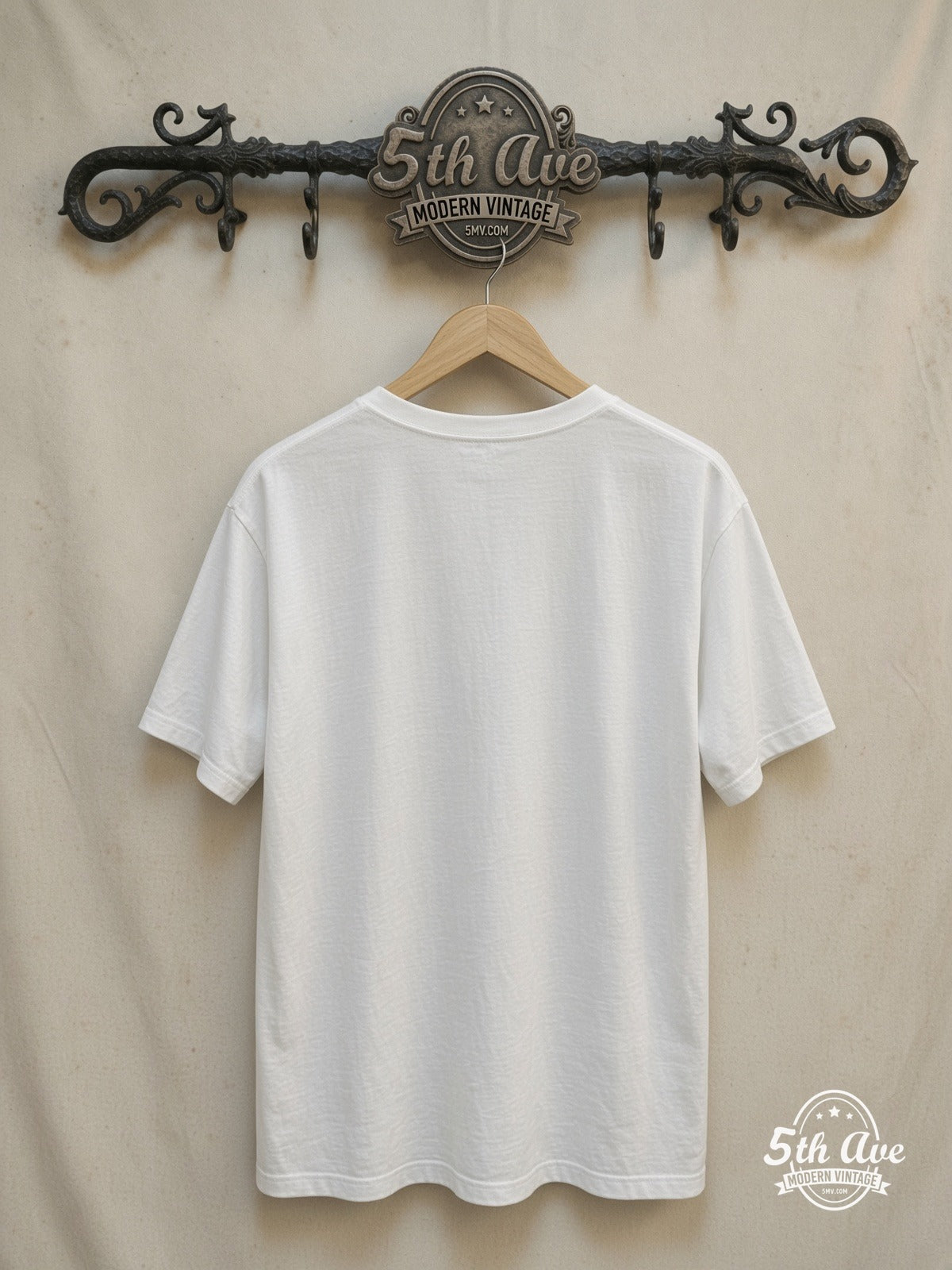 FLEETWOOD MAC 100% Cotton New Vintage Band T-Shirt – Vintage Band T-Shirt — back on locked cream ornate 5th Ave rack