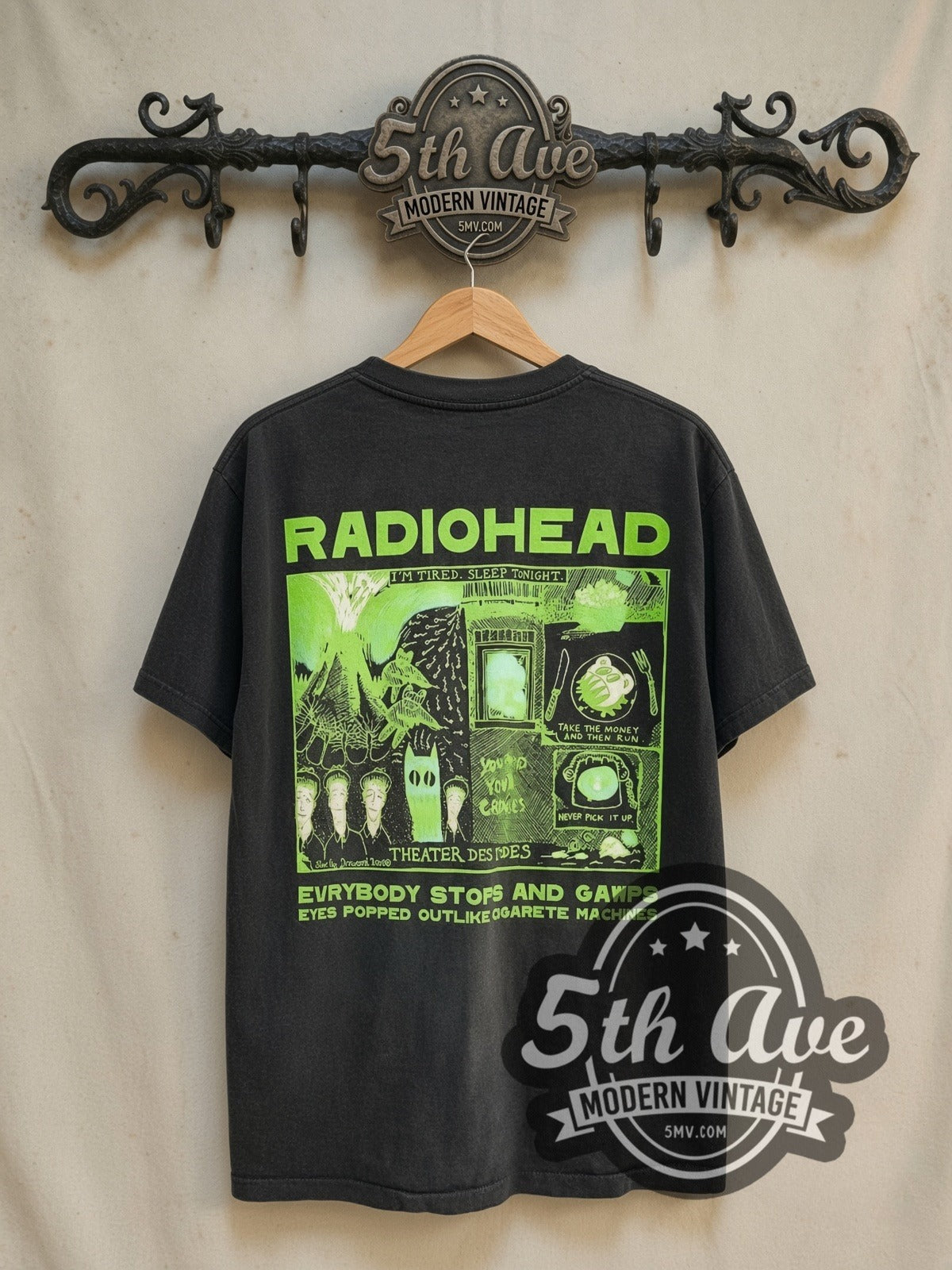 Radiohead Fast Track vintage band t-shirt in black, back view on the 5MV rack
