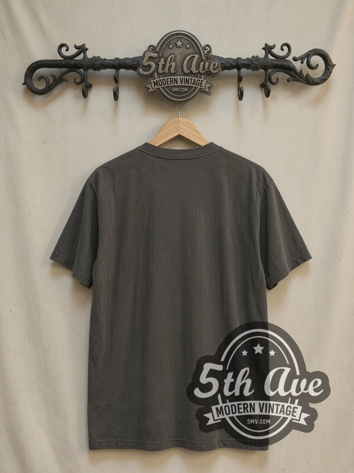 Radiohead Distressed Urban Band Photo Charcoal vintage band t-shirt, back view on the 5MV rack