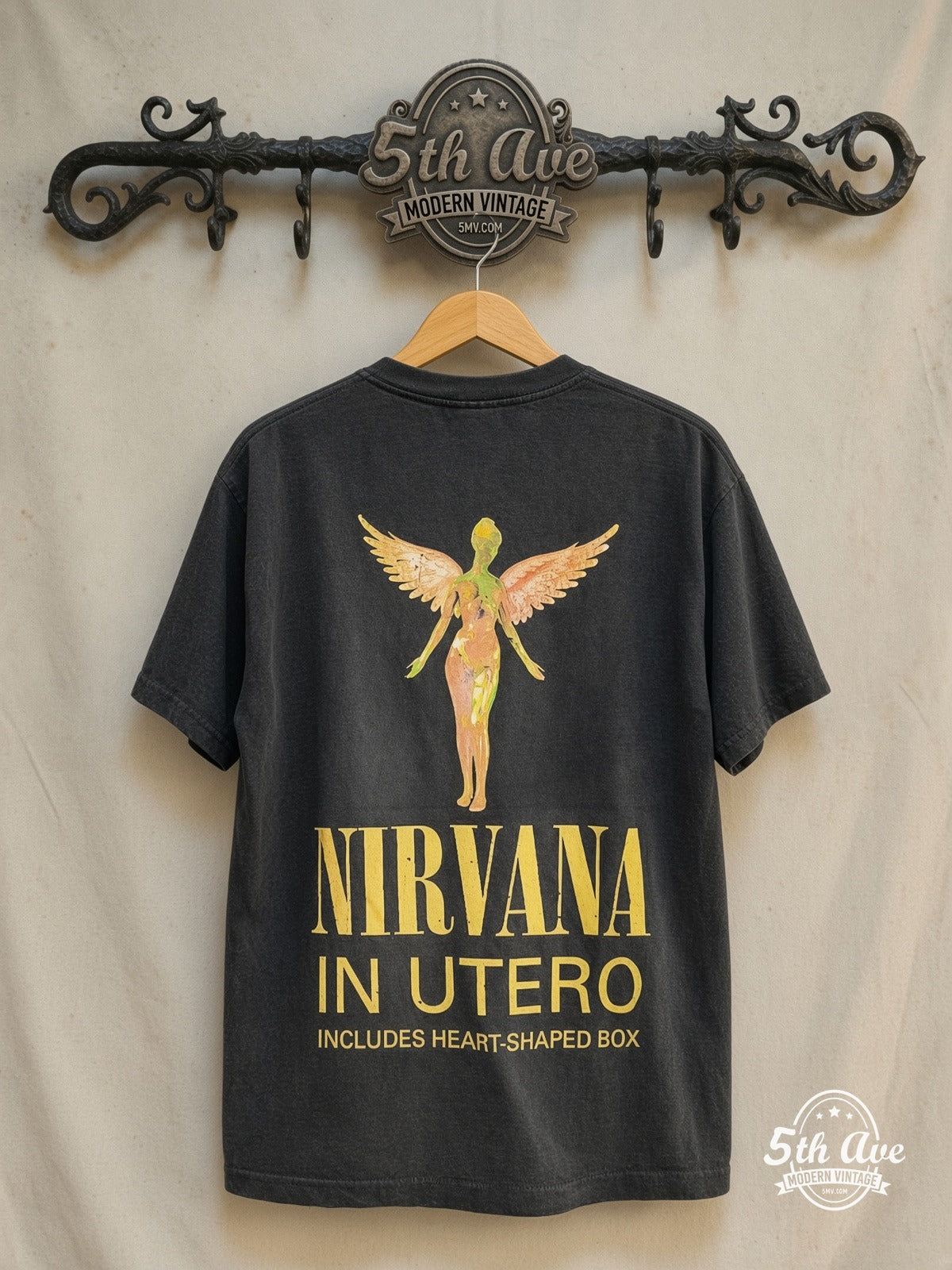 Nirvana – In Utero Sketch Angel Heart-Shaped Box – Vintage Band T-Shirt — back on locked cream ornate 5th Ave rack