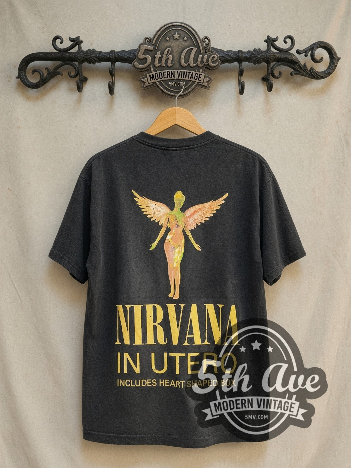 Nirvana In Utero Sketch Angel Heart-Shaped Box vintage band t-shirt in black, back view on the 5MV rack