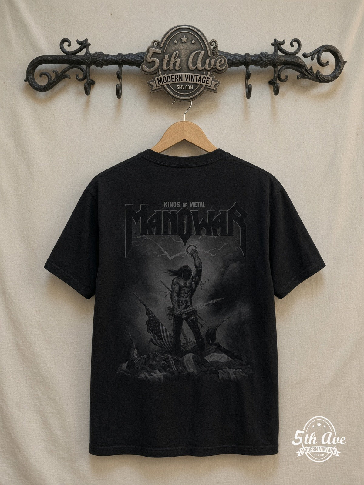 Manowar – Kings of Metal – Vintage Band T-Shirt — back on locked cream ornate 5th Ave rack