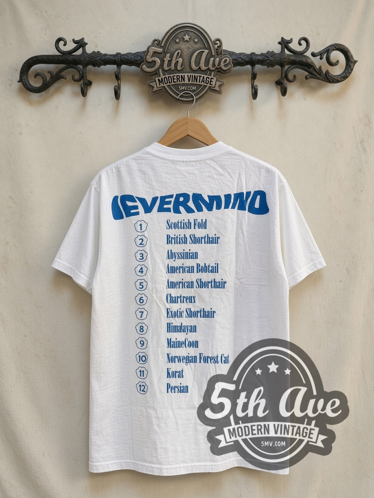 Nirvana Nevermind Kitten Parody Cat Breeds vintage band t-shirt in white, back view on the 5MV rack