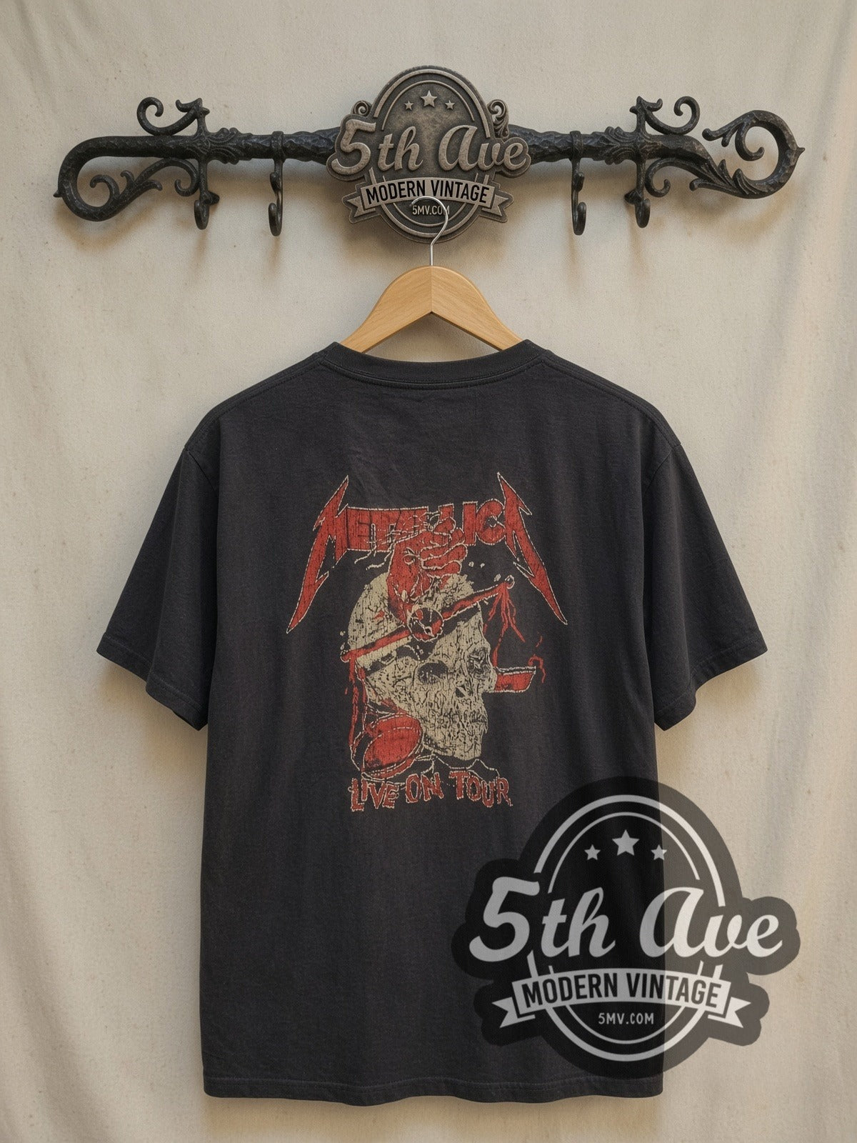 Metallica Lady with Scales Members Live Tour Cotton vintage band t-shirt, back view on a display rack