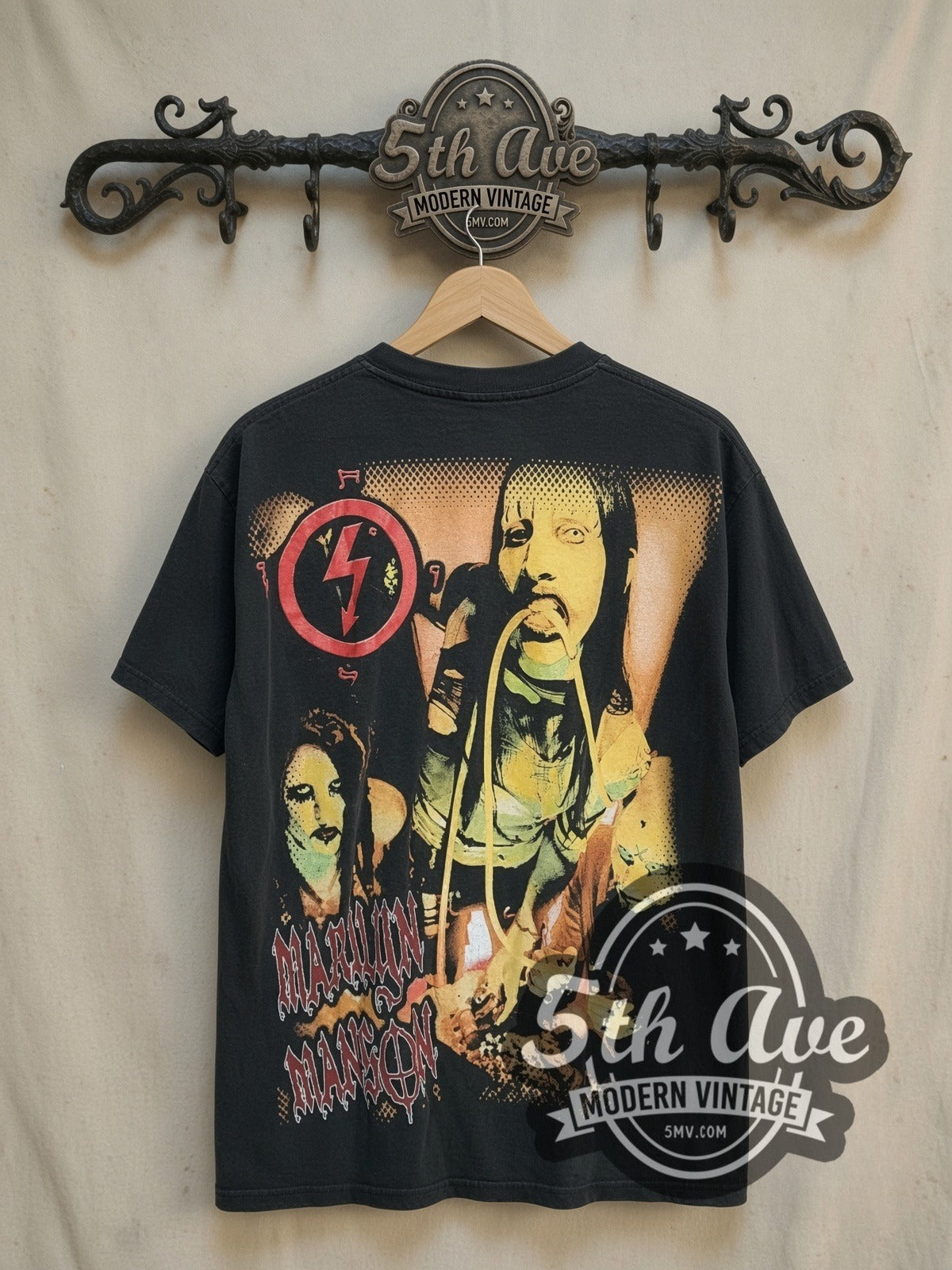 Marilyn Manson Angel Spear Demons Sigils vintage band t-shirt, back view on a display rack