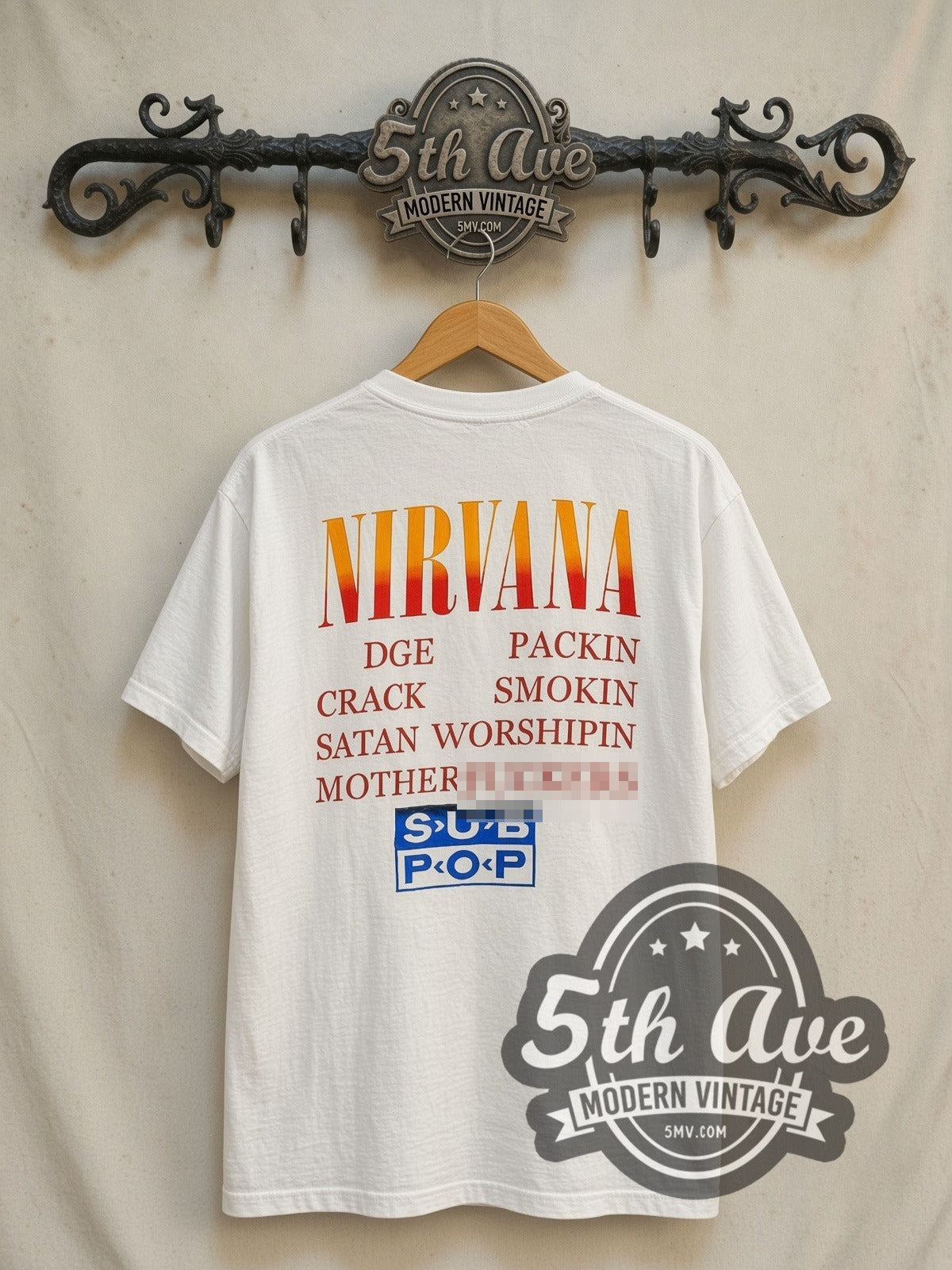 Nirvana Circles of Hell Yellow Logo White vintage band t-shirt in white, back view on a display rack