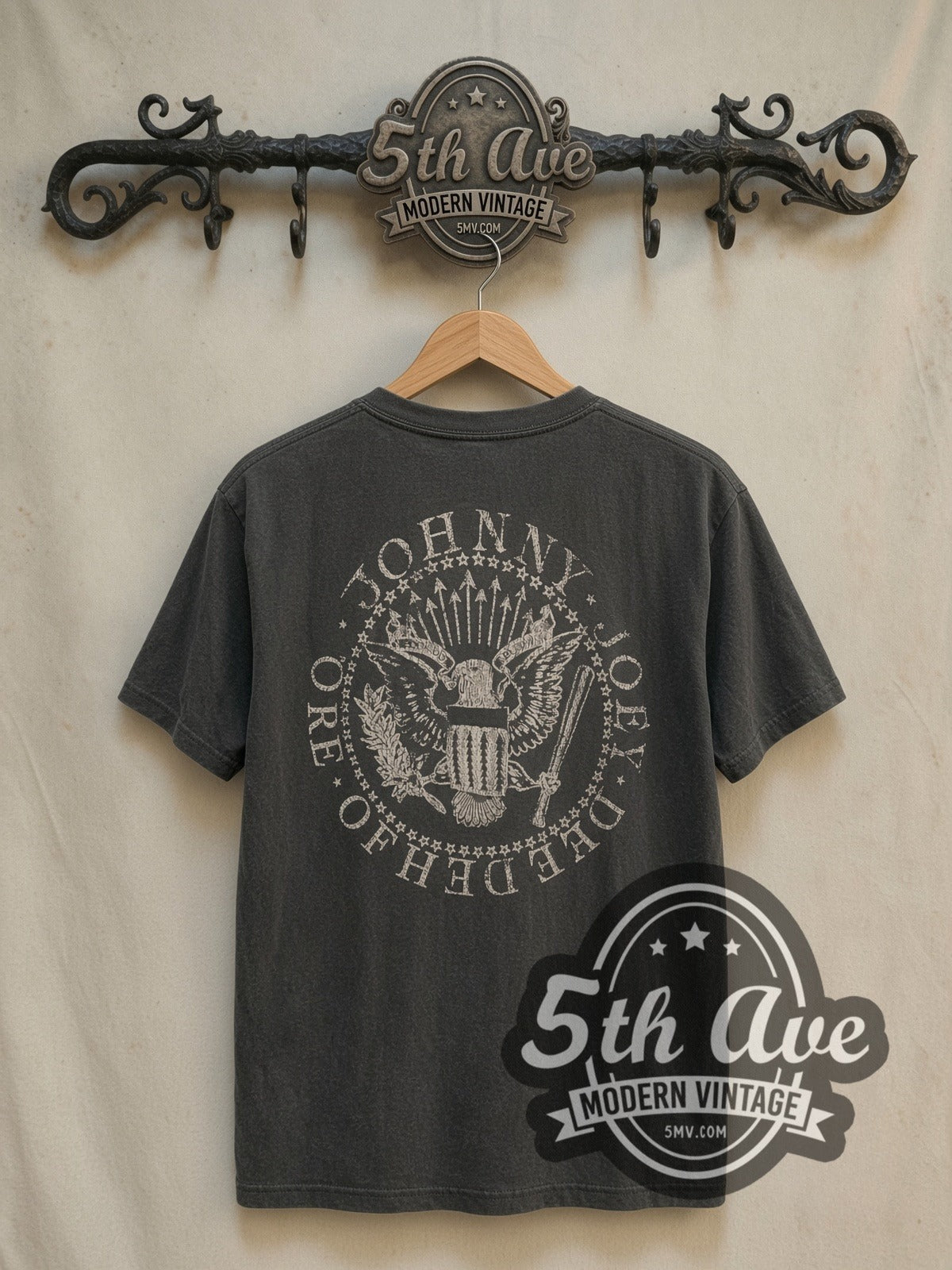 Ramones Hey Ho Let's Go Fuerza Eagle Crest vintage band t-shirt, back view on a display rack