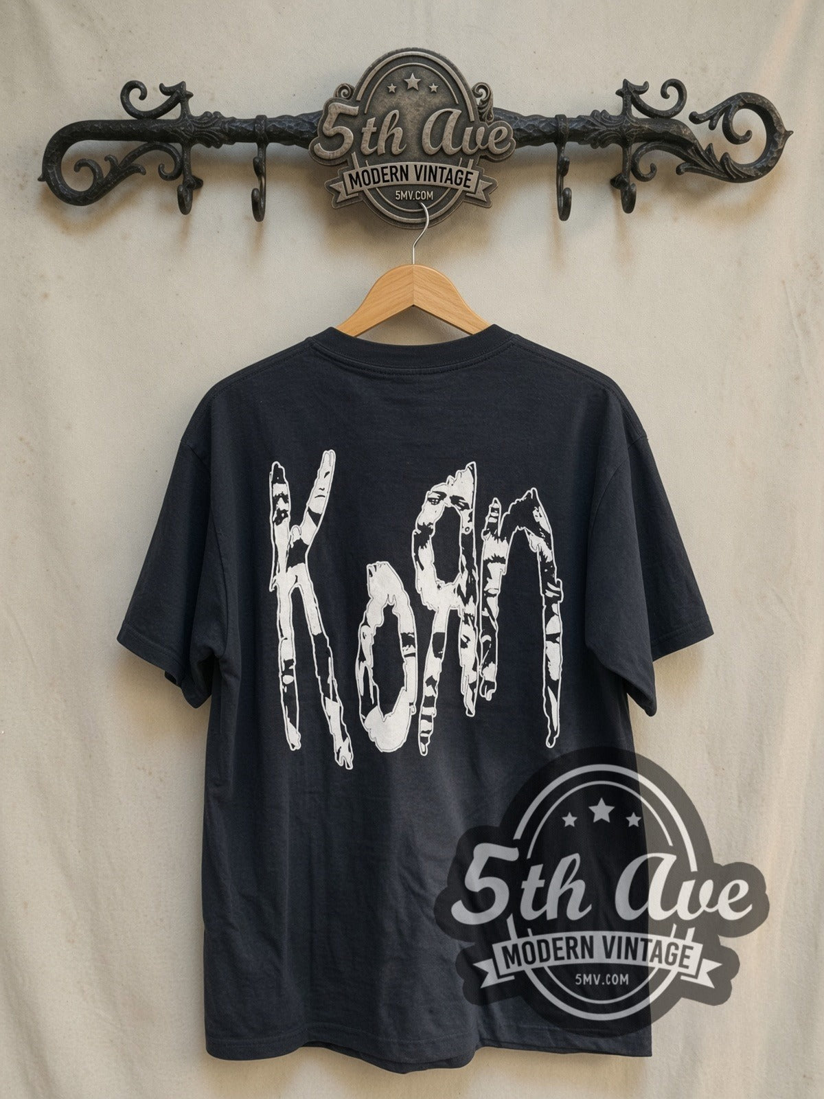 Korn vintage band t-shirt in black, back view on the 5MV rack