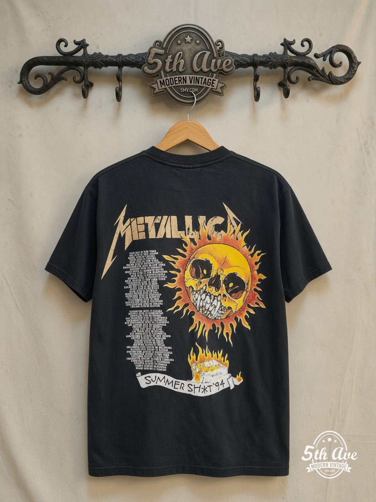 Metallica – Summer Sh*t Tour 1994 Pushead – Vintage Band T-Shirt — back on locked cream ornate 5th Ave rack