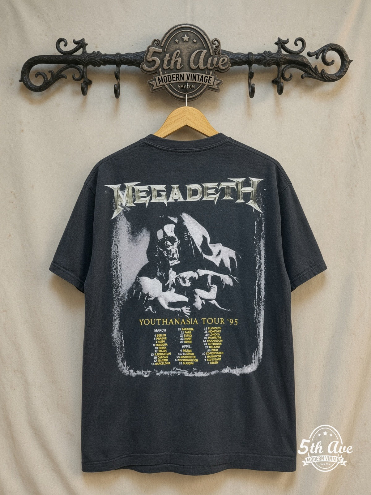 Megadeth – Youthanasia Tour 1995 – Vintage Band T-Shirt — back on locked cream ornate 5th Ave rack