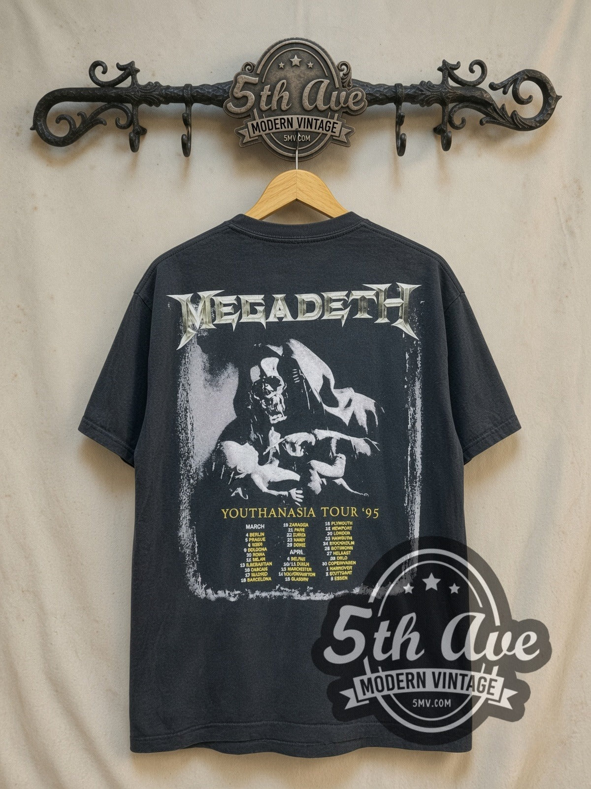 Megadeth Youthanasia Tour 1995 vintage band t-shirt, back view on a display rack