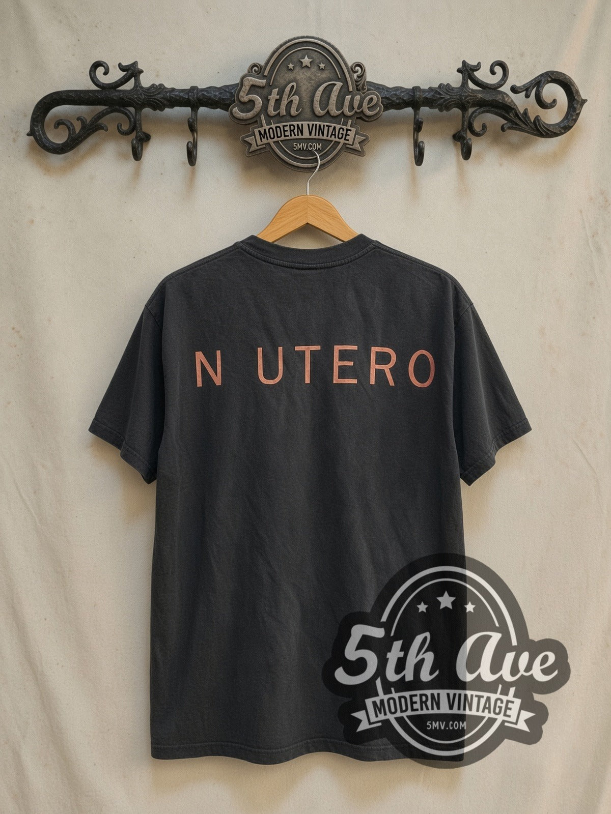 Nirvana In Utero Copper Logo Front-Back Angel vintage band t-shirt in black, back view on the 5MV rack