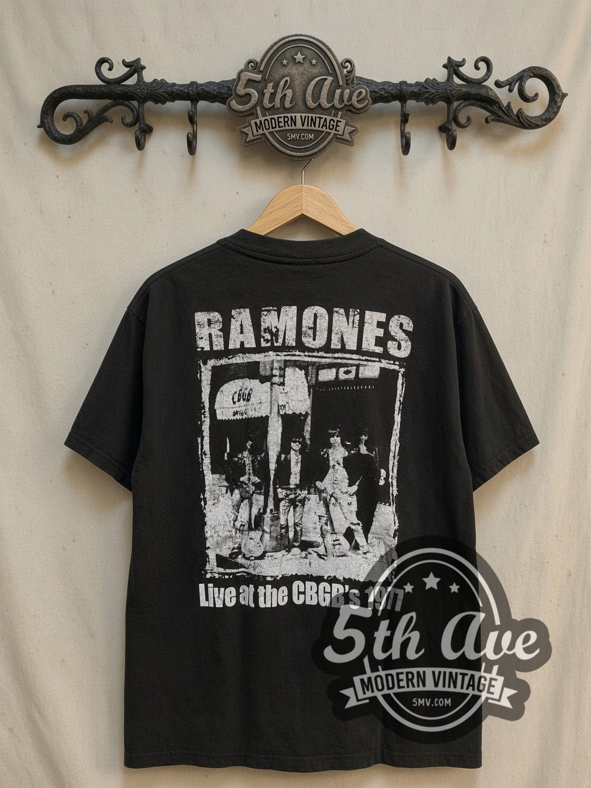 The Ramones Live at the CBGB's 1977 vintage band t-shirt, back view on a display rack