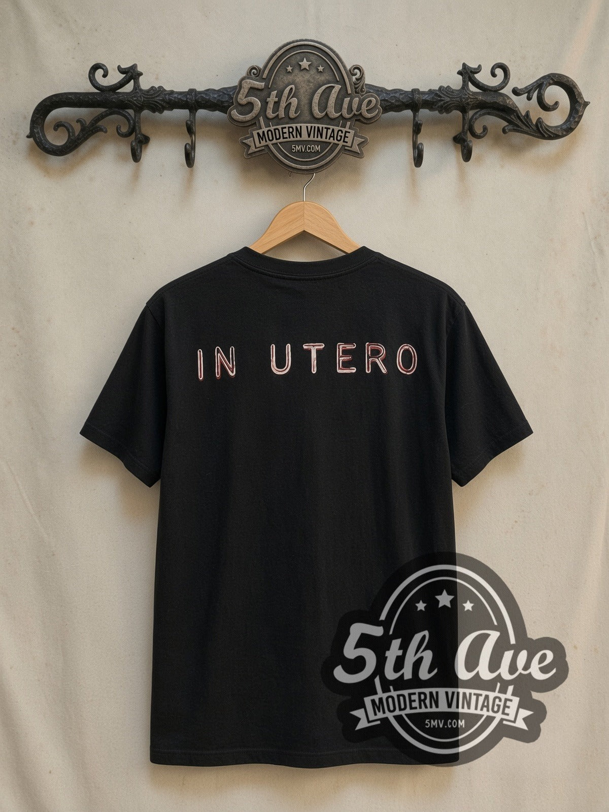 Nirvana In Utero Red Block Logo Color Anatomical Angel vintage band t-shirt in black, back view on the 5MV rack