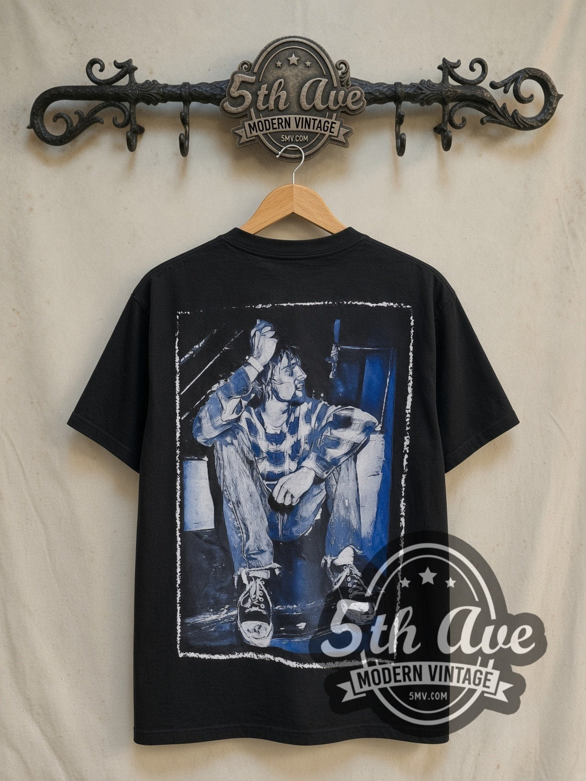 Nirvana Kid Blue vintage band t-shirt in black, back view on the 5MV rack