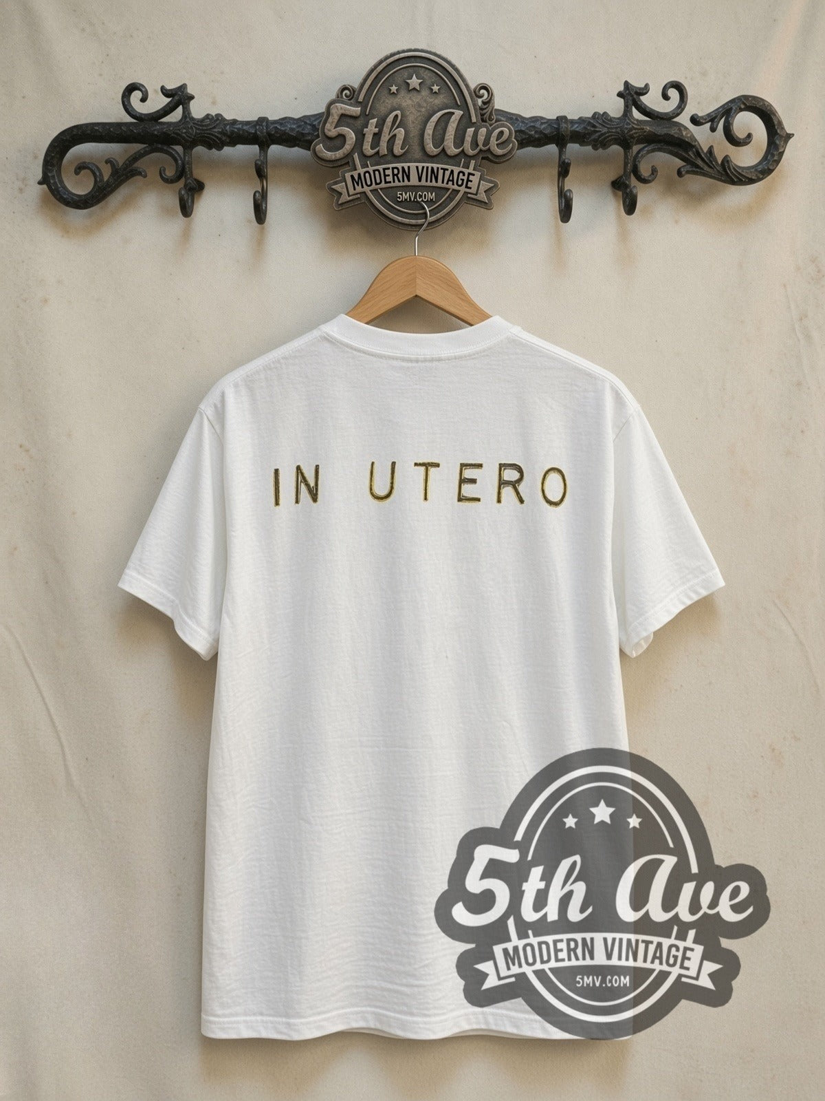 Nirvana In Utero Yellow Logo Angel Back Print vintage band t-shirt in white, back view on the 5MV rack