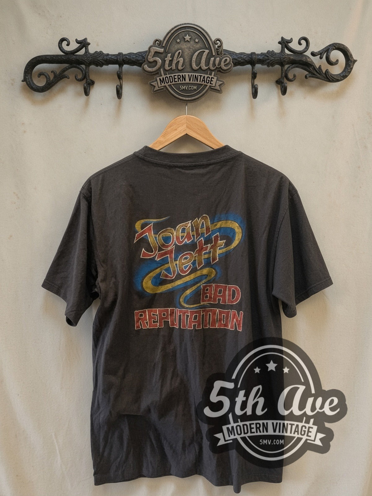 Joan Jett Bad Reputation vintage band t-shirt, back view on a display rack