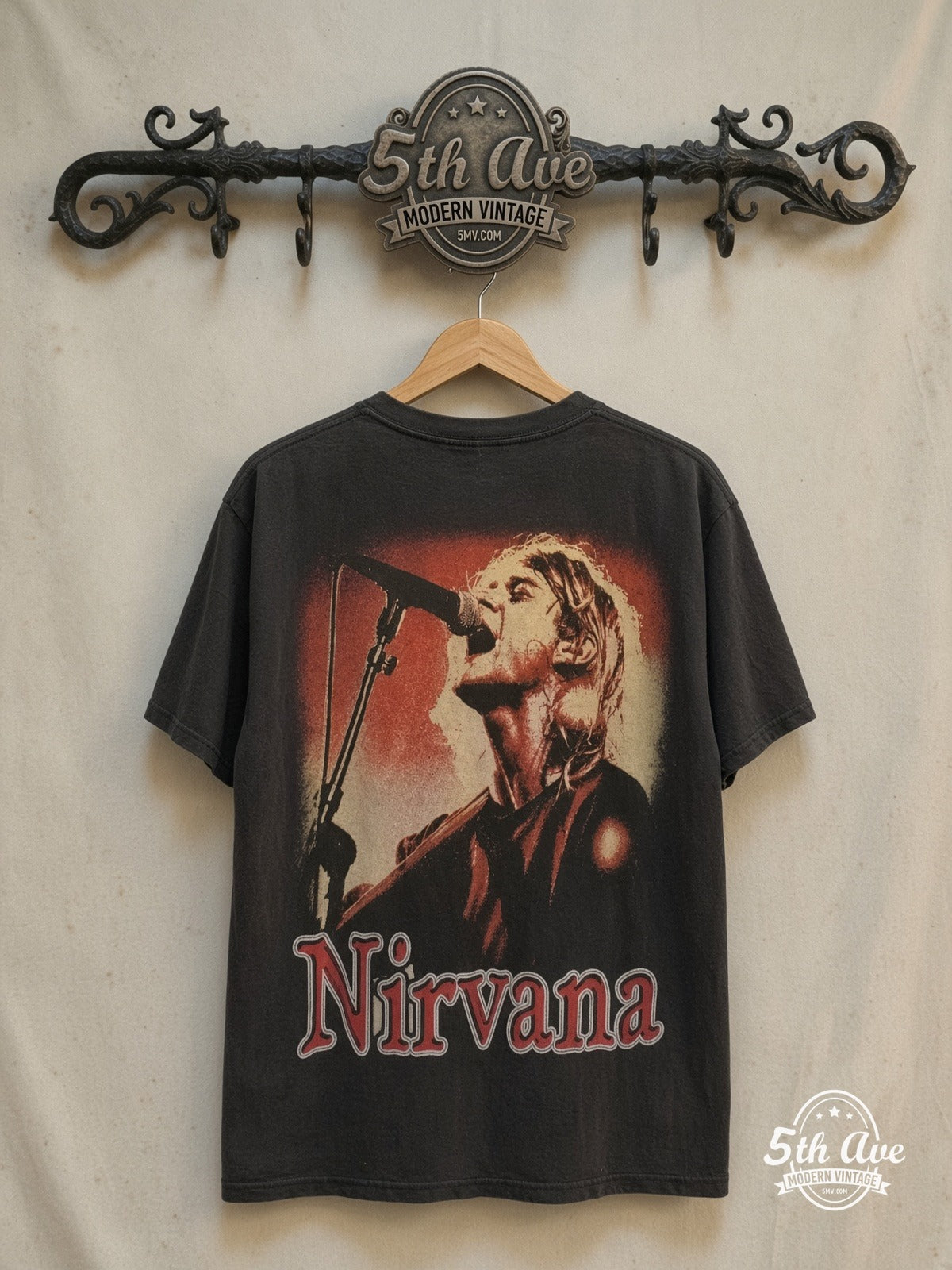 Nirvana Bootleg Single Stitch T-Shirt — back on locked cream ornate 5th Ave rack