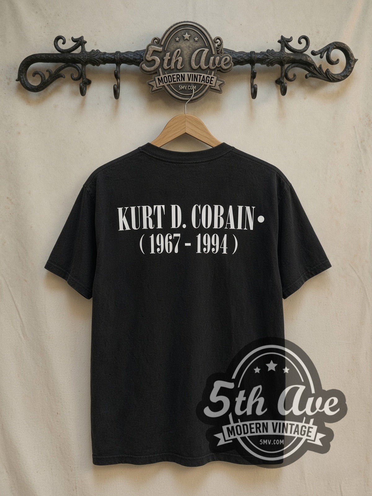 Kurt Cobain Grunge Tribute vintage band t-shirt, back view on the 5MV rack