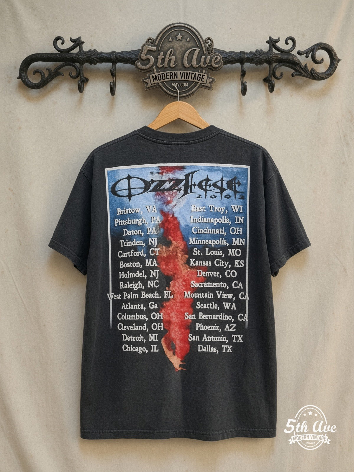 Ozzy Osbourne – Ozzfest' 2002 – Vintage Band T-Shirt — back on locked cream ornate 5th Ave rack