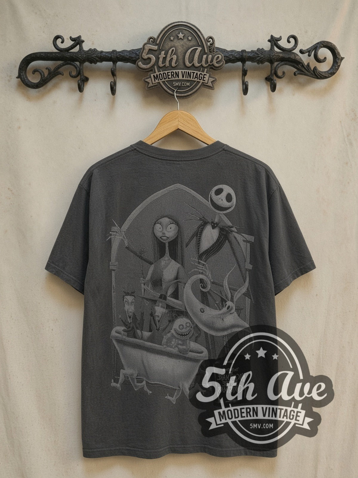 The Nightmare Before Christmas Jack Skellington vintage movie t-shirt, back view on a display rack