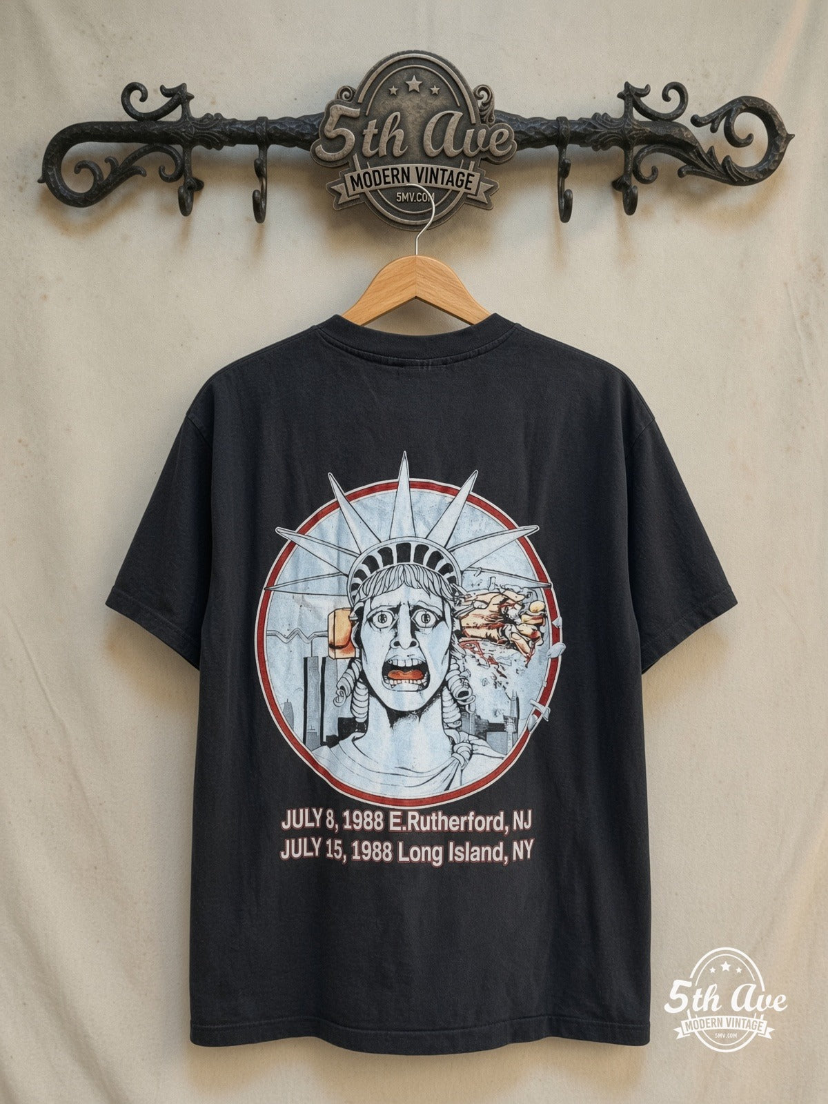 Iron Maiden – Seventh Tour of a Seventh Tour' 1988 – Vintage Band T-Shirt — back on locked cream ornate 5th Ave rack