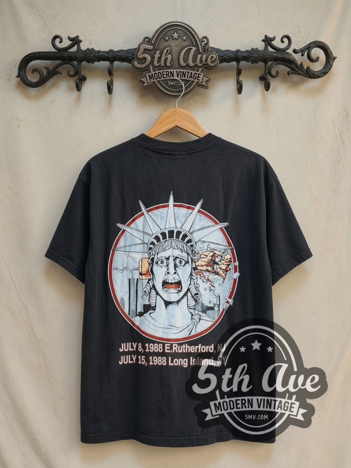 Iron Maiden Seventh Tour of a Seventh Tour 1988 vintage band t-shirt in black, back view on a display rack