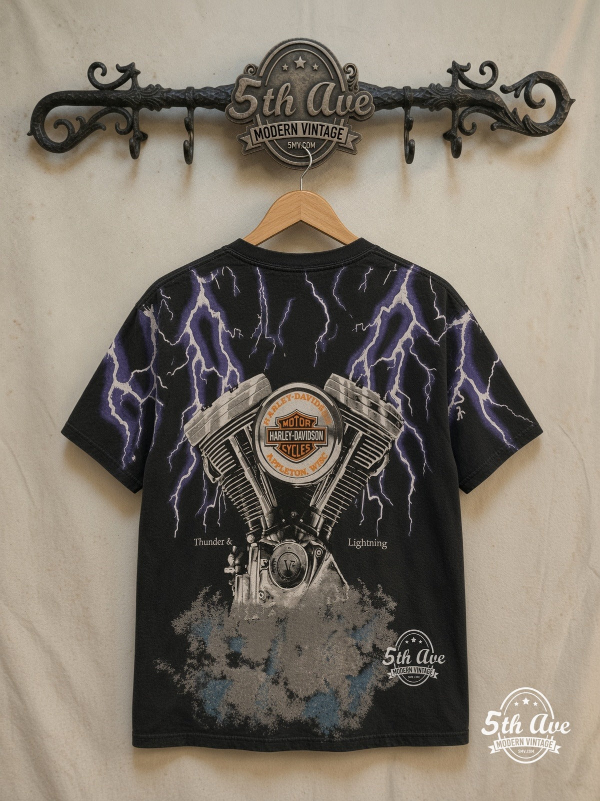 Harley-Davidson – Thunder & Lightning Appleton Wisc – Vintage Band T-Shirt — back on locked cream ornate 5th Ave rack
