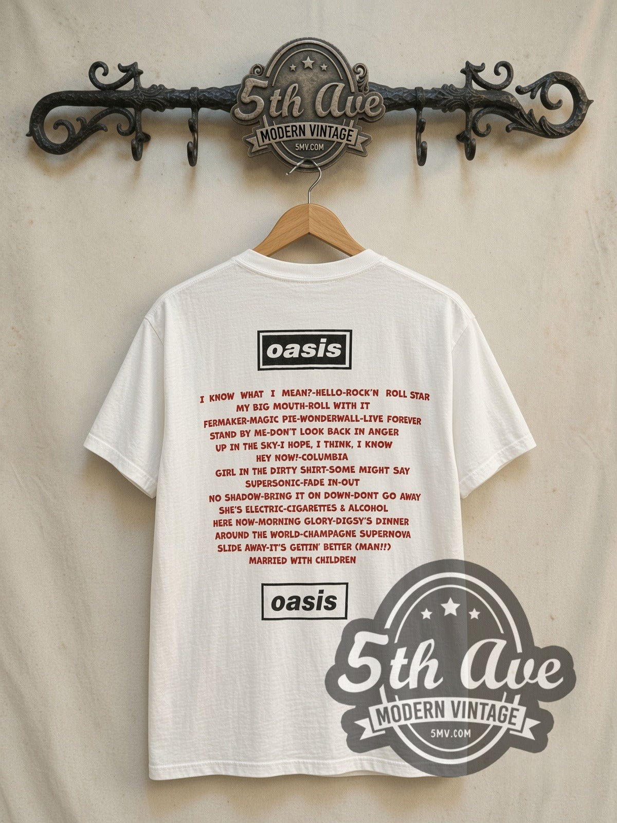Oasis Red Song List vintage band t-shirt in white, back view on a display rack