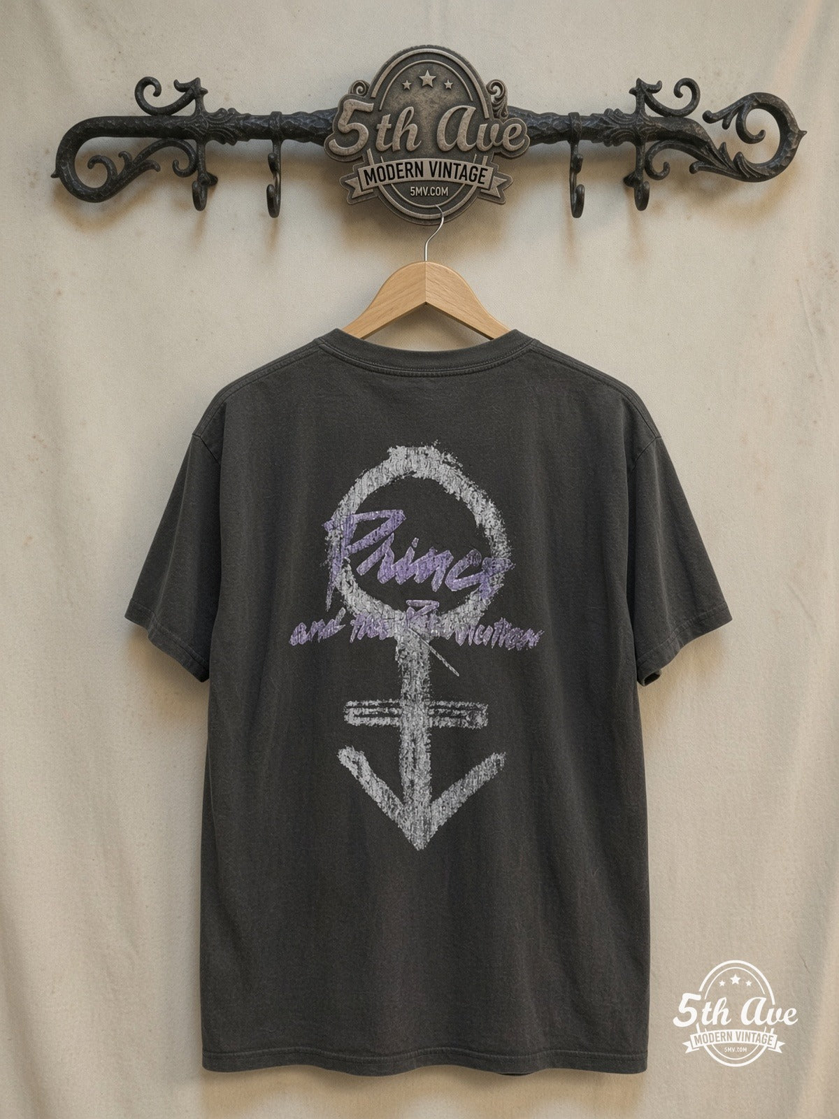 Prince – Purple Rain – Vintage Band T-Shirt — back on locked cream ornate 5th Ave rack