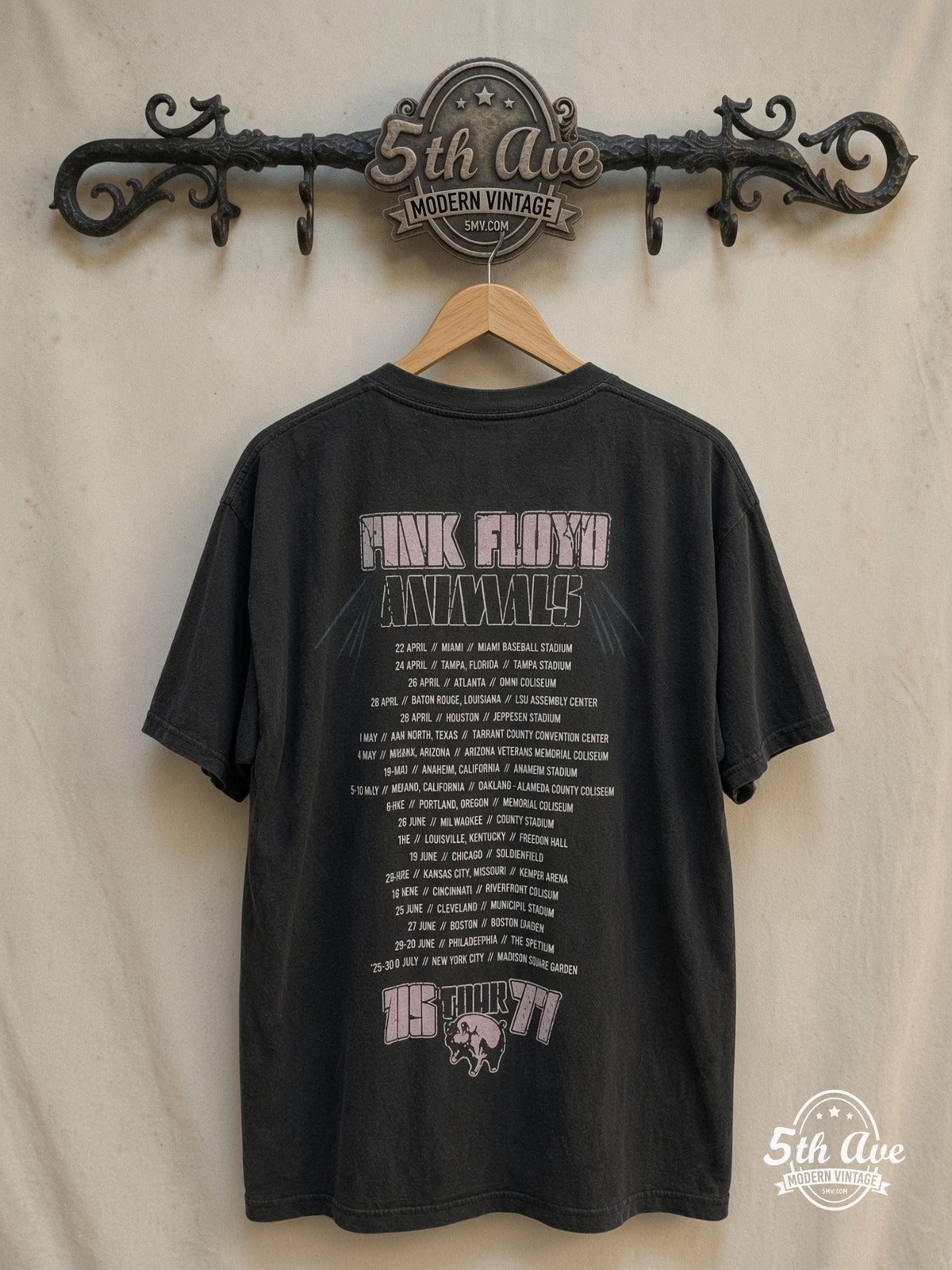 Pink Floyd – Animals 1977 U.S. Tour – Vintage Band T-Shirt — back on locked cream ornate 5th Ave rack