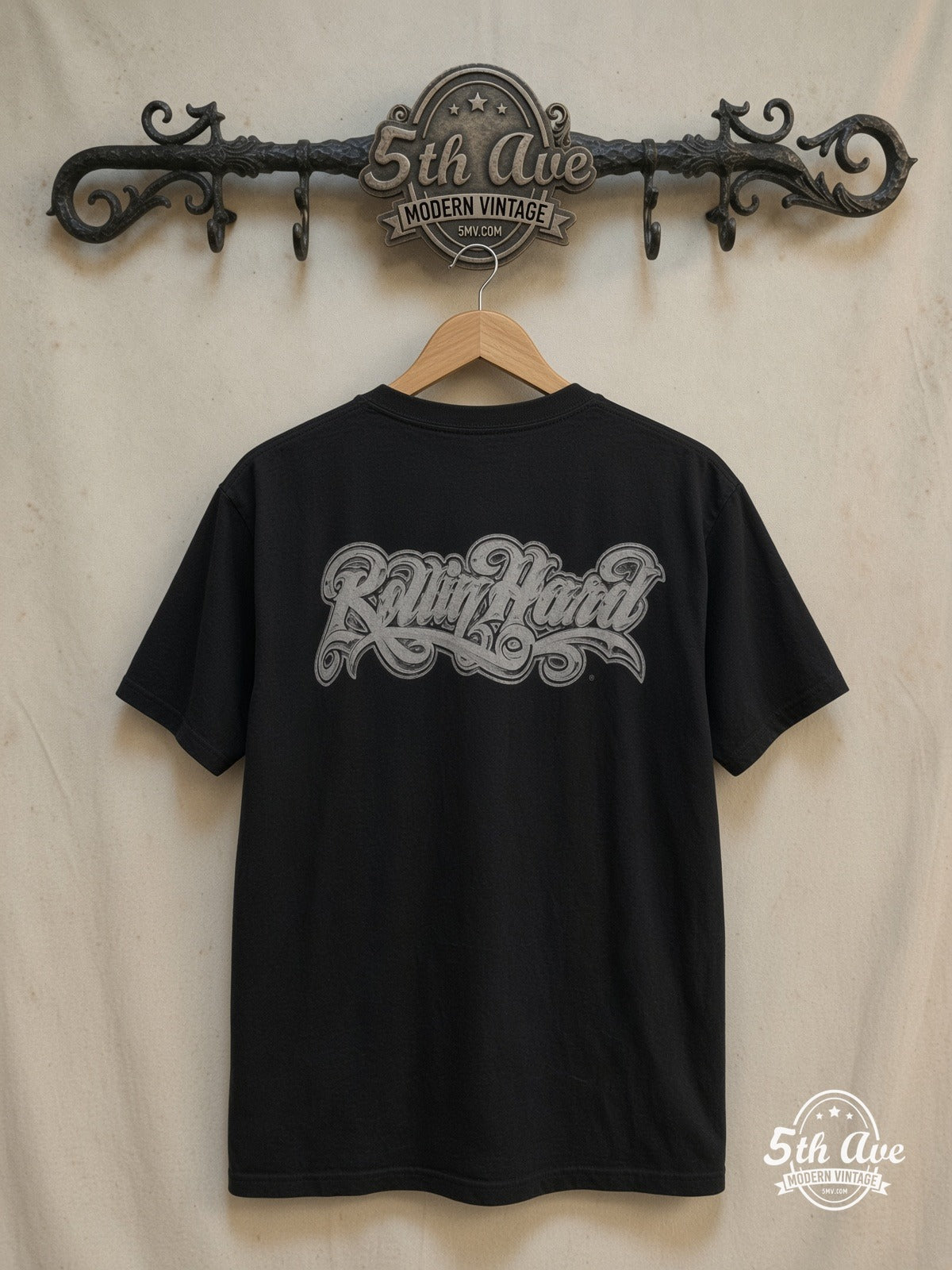 Rollin Hard – '65 Chevy Impala Lowrider – Vintage Graphic Tee — back on locked cream ornate 5th Ave rack