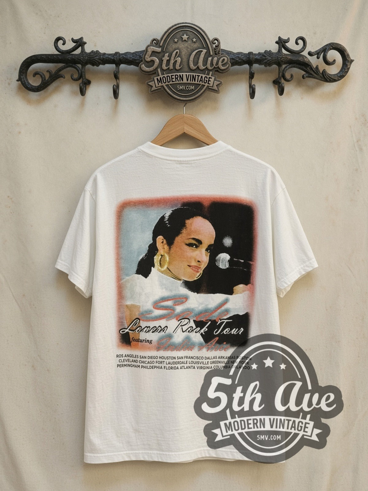 Sade Lover's Rock vintage band t-shirt, back view on a display rack