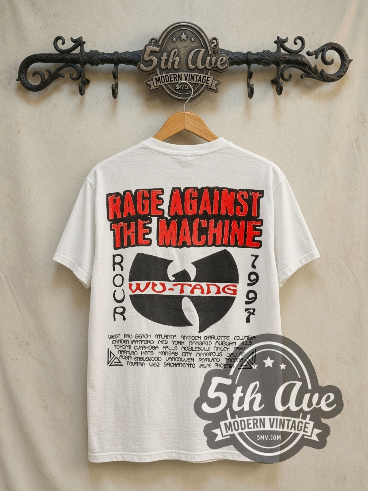 Rage Against the Machine x Wu-Tang Clan Tour 1997 vintage band t-shirt in white, back view on a display rack