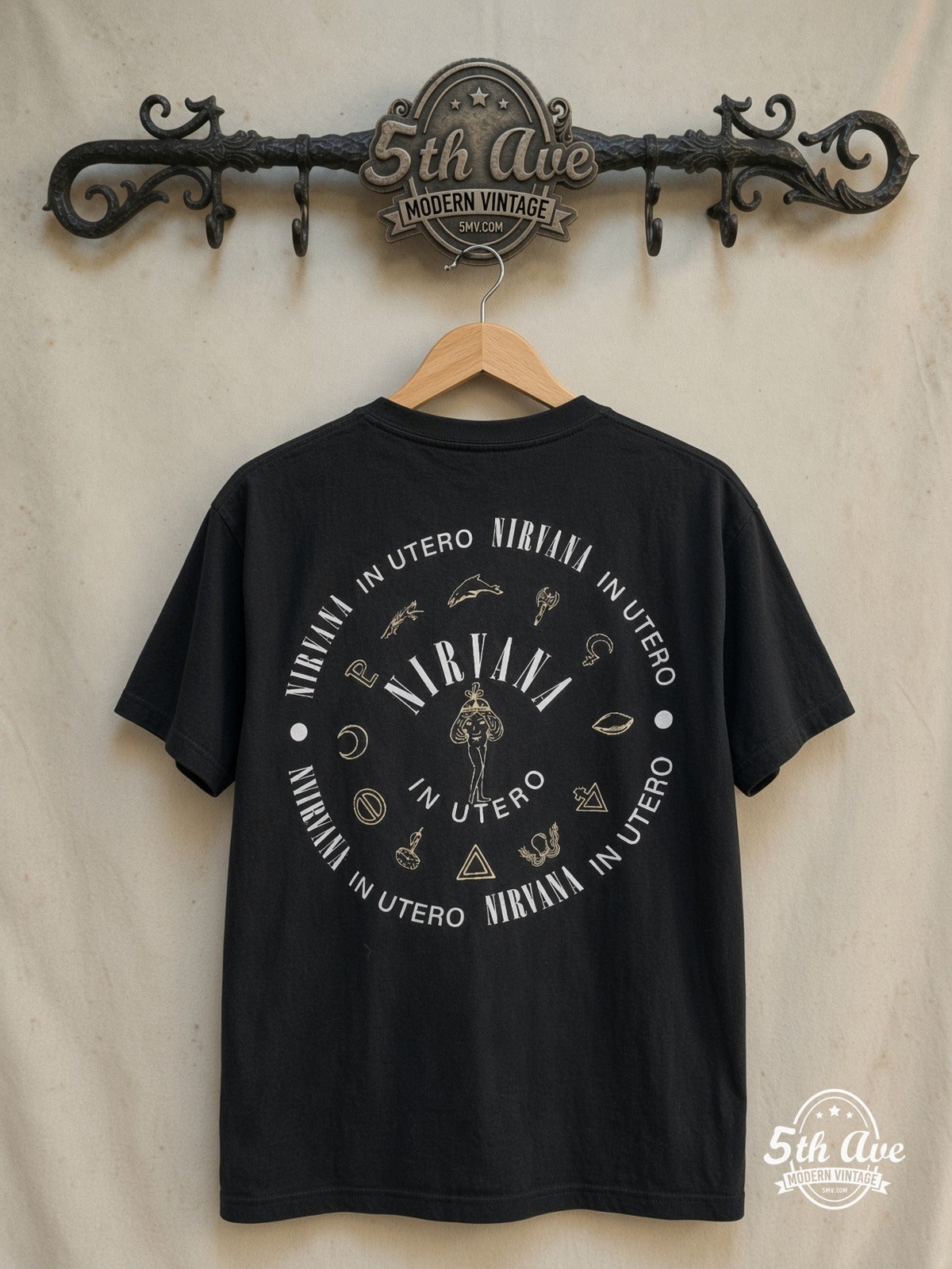 Nirvana – In Utero White Wing – Vintage Band T-Shirt — back on locked cream ornate 5th Ave rack