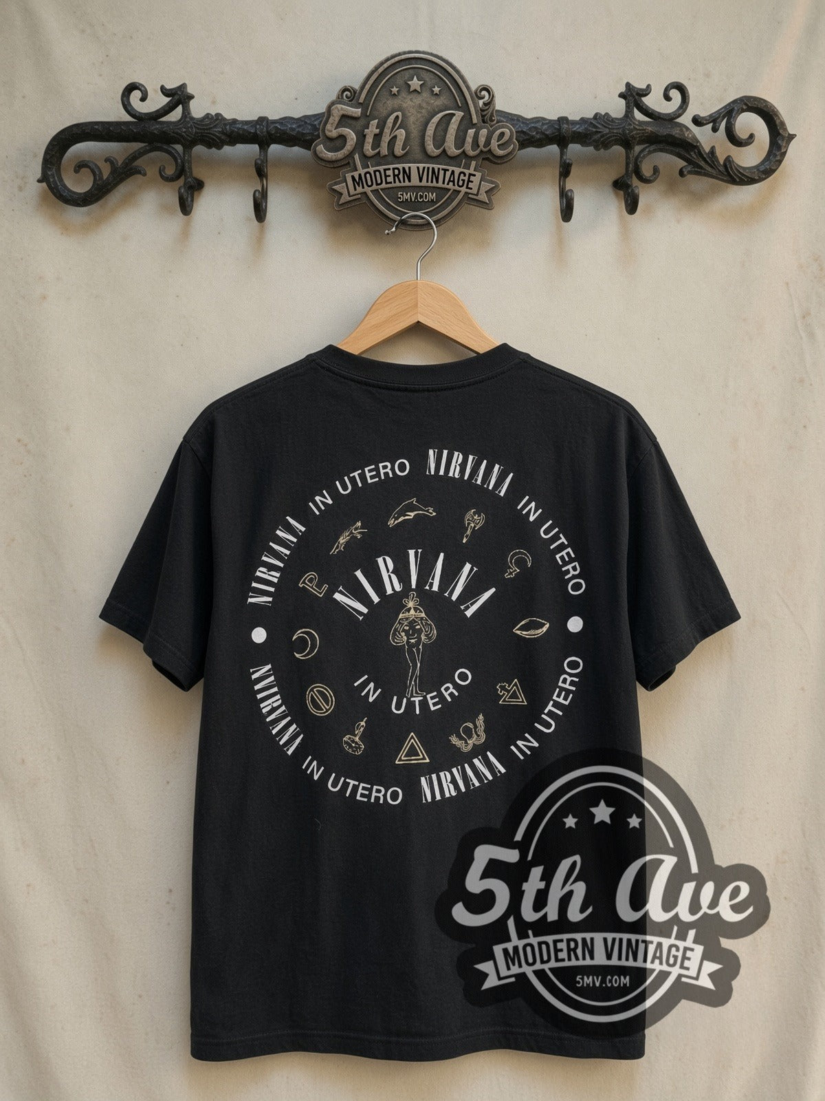 Nirvana In Utero White Wing vintage band t-shirt in black, back view on the 5MV rack