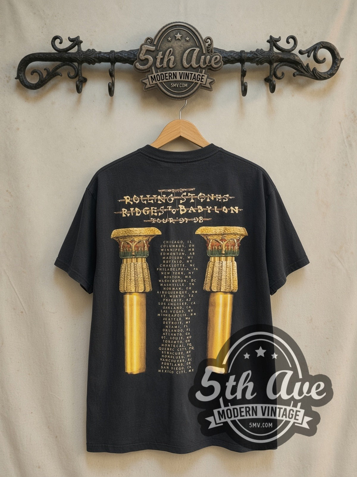 The Rolling Stones Bridges to Babylon Tour 1997-1998 vintage band t-shirt in black, back view on a display rack