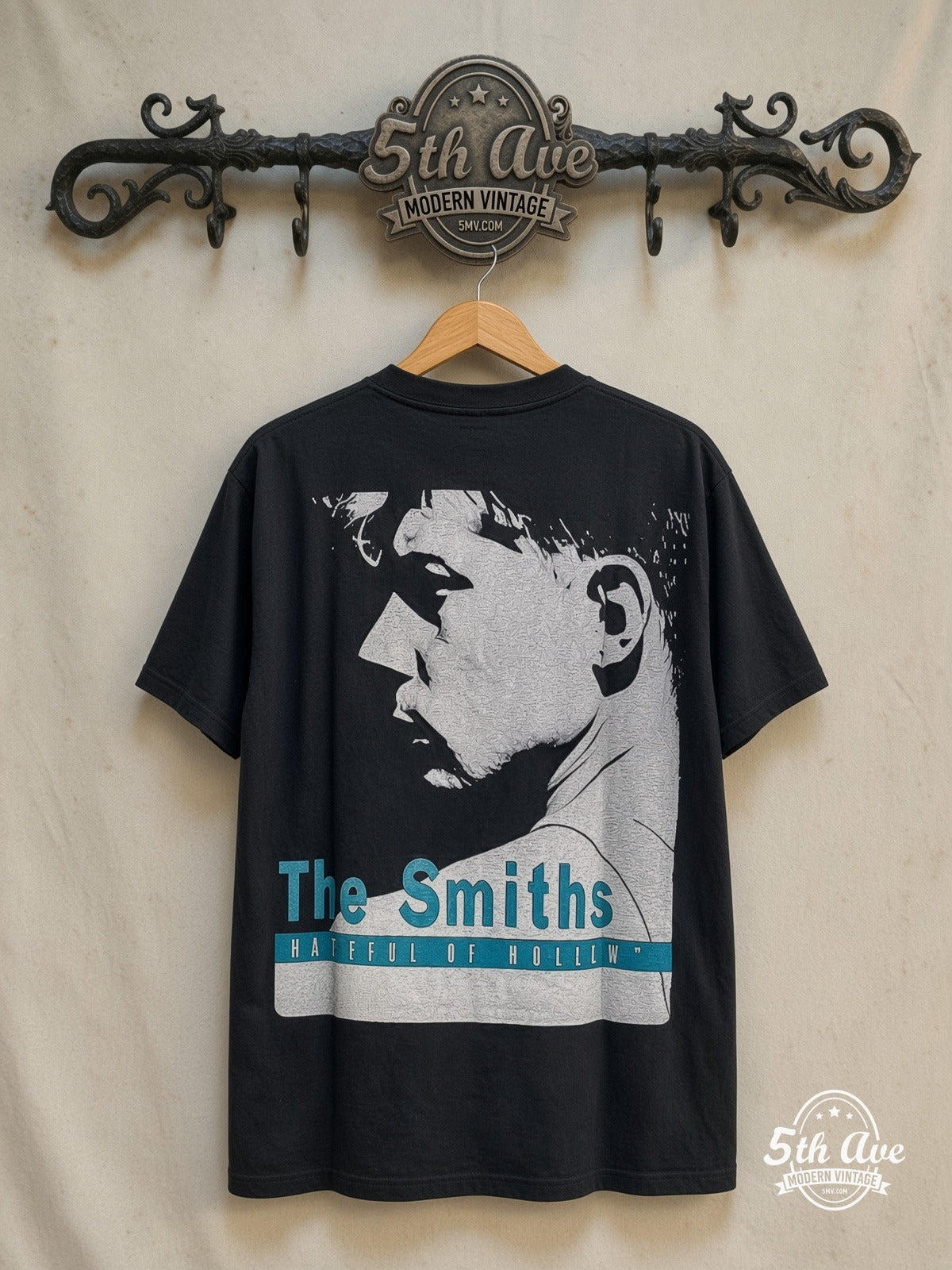 The Smiths – Hatful of Hollow Blue Title Bar Portrait – Vintage Band T-Shirt — back on locked cream ornate 5th Ave rack