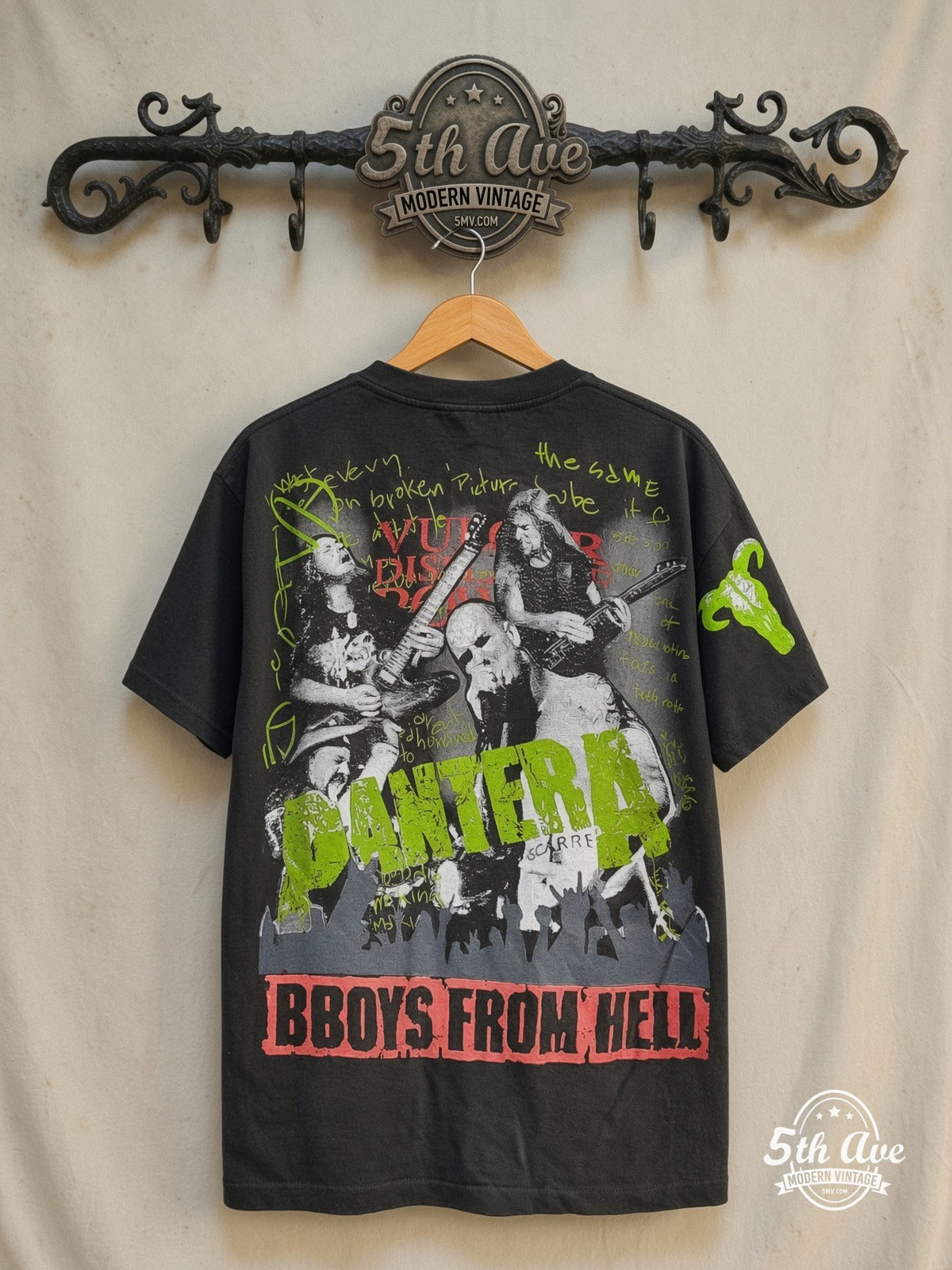 Pantera – Cowboys from Hell – All Over Print – Vintage Band T-Shirt — back on locked cream ornate 5th Ave rack