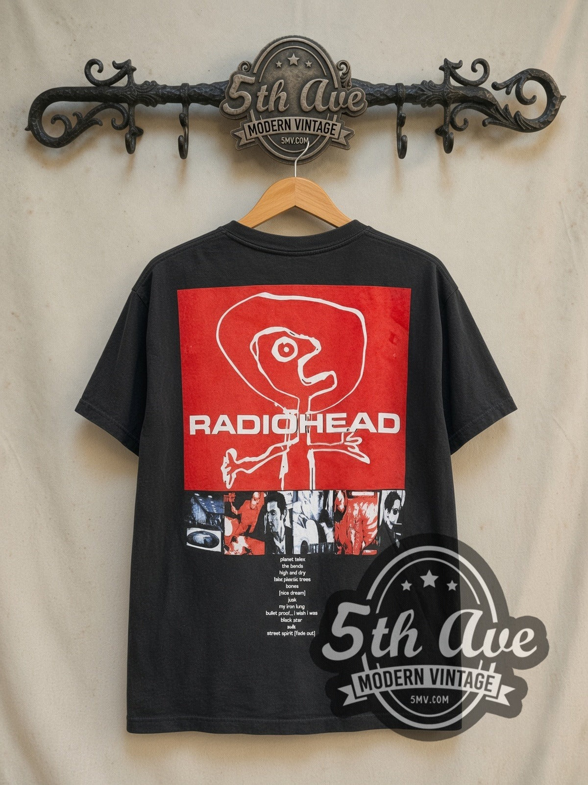 Radiohead The Bends Mannequin Face Tracklist vintage band t-shirt in black, back view on the 5MV rack