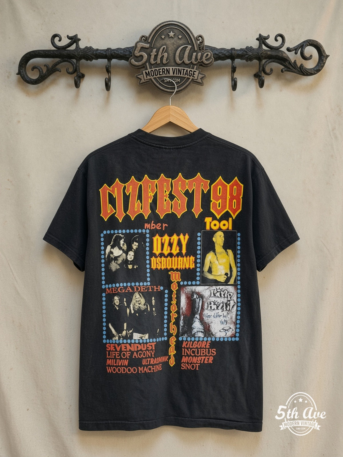 Ozzy Osbourne – Ozzfest' Tour 1998 – Vintage Band T-Shirt — back on locked cream ornate 5th Ave rack
