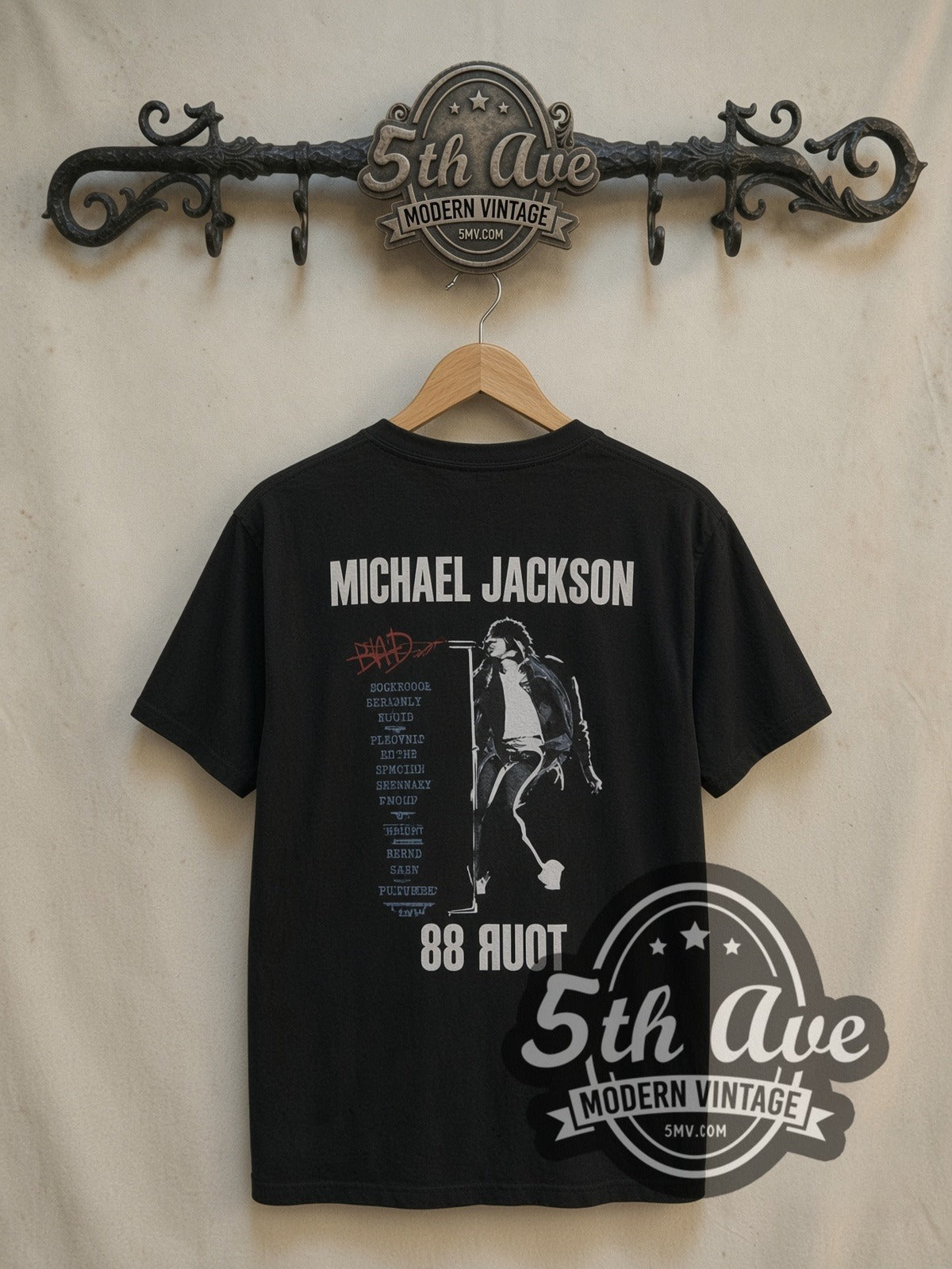 Michael Jackson Bad Tour vintage band t-shirt, back view on a display rack